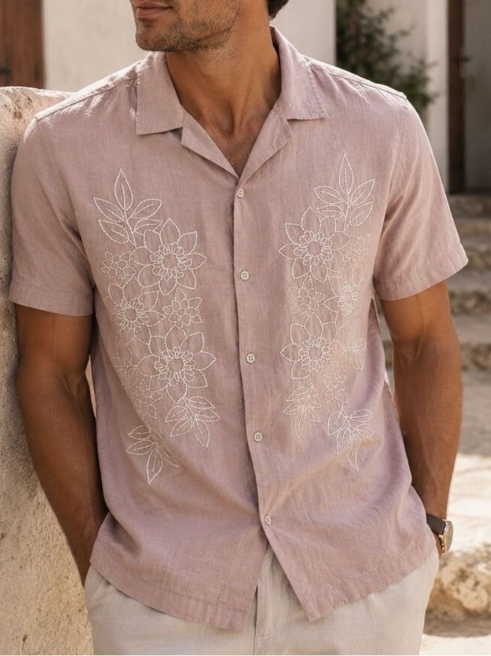 Folk Relaxed linen blend Shirt Embroidered Embroidered Flower Shirt Pink large